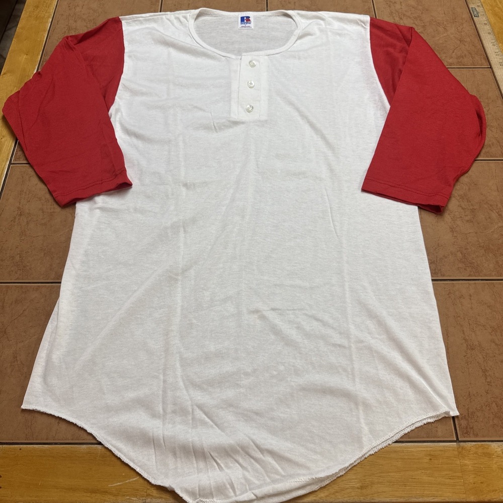 VTG Russell Athletic Shirt Sz L White Red 3/4 Sleeve Raglan Baseball USA Made